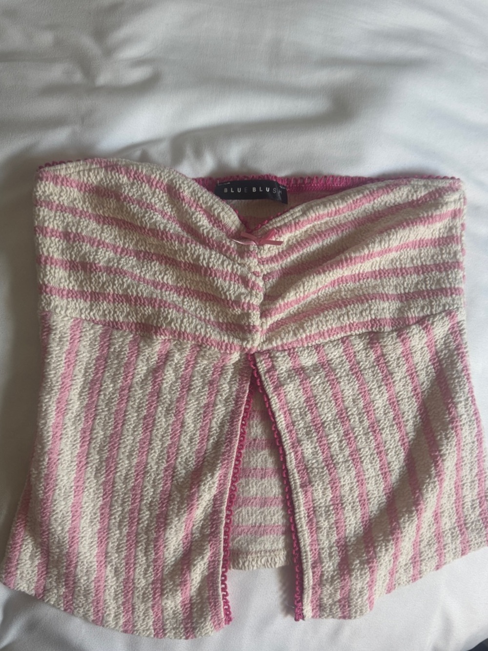 Blue Blush Pink & Cream Striped Strapless Twist Front Top